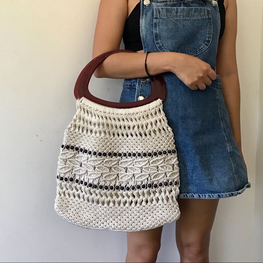 Vintage crochet plastic handle boho purse